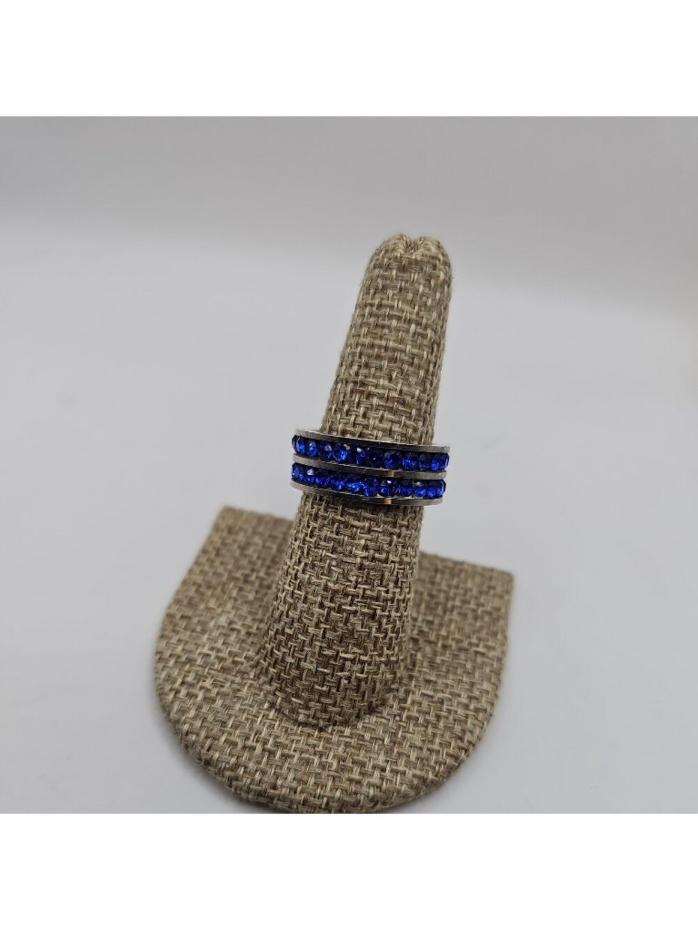 RING Stainless Steel Eternity Band SZ 7/ 2 Rows Blue Rhinestones